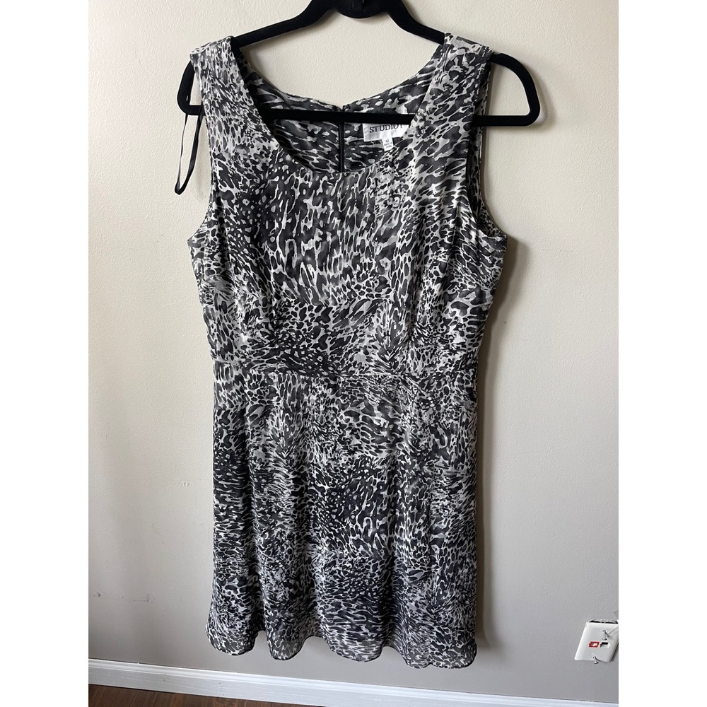 Studio I Womens Grey Black Animal Print Sleeveless Fit Flare Chiffon Dress 12